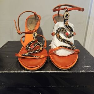 Roberto Cavalli Silk Strappy Stilleto Heels With Snake Embellishment Womens 8🔥